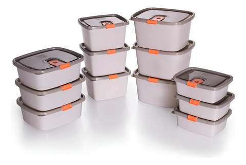 Kit Potes Plástico Retangular Plasútil com Tampa Fixa para Micro-ondas e Freezer – 12 Peças