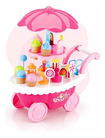 Carrinho De Sorvete Picole E Doces Sorveteria Infantil Brinquedo Musical Luz E Som Com Acessorios Kizumba