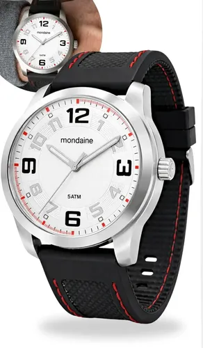 Relógio De Pulso Mondaine Com Correia De Silicone Cor Preto - Fundo Branco - Bisel Prateado