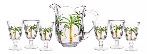 1-jarra-e-6-tacas-lyor-palm-hand-painting-de-cristal-13l - Imagem