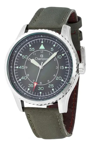 Relógio De Pulso Champion Ch30368g Com Corria De Nylon Cor Verde - Fondo Cinza - Bisel Prateado