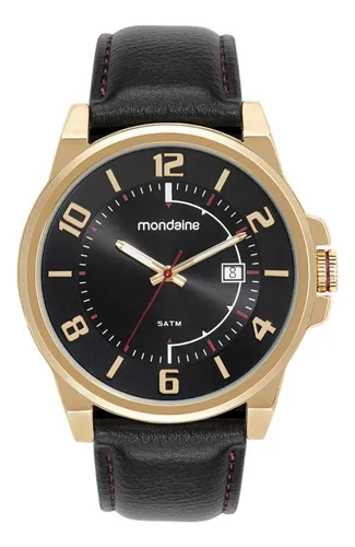 Relógio Masculino Mondaine Couro Preto Social Com Calendário Dourado