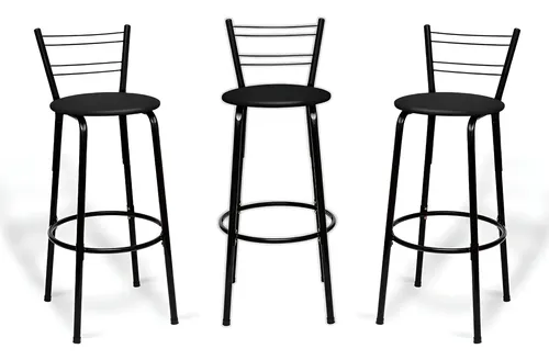 Kit com 3 Banquetas Altas Flórida Itagold Pretas em Aço com Encosto para Cozinha e Balcão