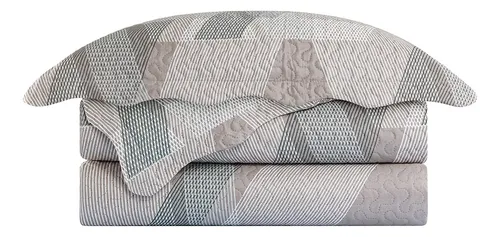 colcha-patchwork-3-pecas-dupla-face-queen-camesa-cinza-lisa - Imagem