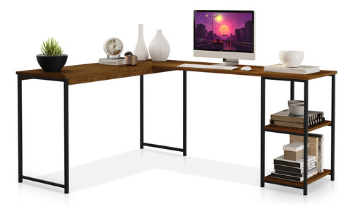 mesa-escrivaninha-estilo-industrial-em-l-com-prateleiras-klm-store - Imagem