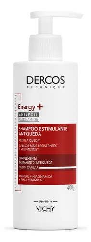 Vichy Dercos Energy+, Shampoo Estimulante, Tratamento Antiqueda para Cabelos Fracos e Quebradiços, Fortalece os Fios com Aminexil, Niacinamida e Vitamina E, 400g