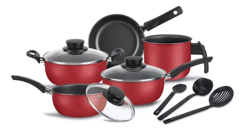 conjunto-de-panelas-com-8-pcs-elegan-teflon-e-tampa-de-vidro-cor-vermelho - Imagem