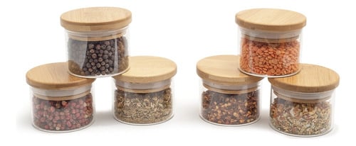 kit-6-potes-mantimento-tempero-110ml-vidro-tampa-bambu-oikos - Imagem