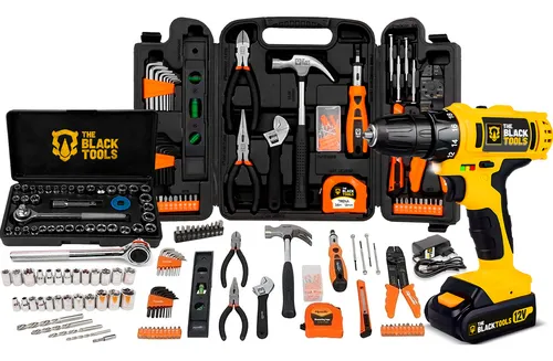 Jogo De Ferramentas 169 Peças Com Maleta E Furadeira Parafusadeira Sem Fio A Bateria Tb-12e 12v 3/8 10mm The Black Tools
