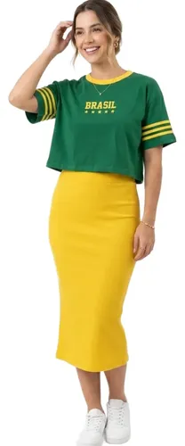 Conjunto Feminino Saia Cropped Verde Amarelo Copa Brasil