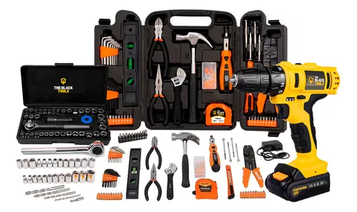 jogo-de-ferramentas-169-pecas-com-maleta-e-furadeira-parafusadeira-sem-fio-a-bateria-tb-12e-12v-38-10mm-the-black-tools - Imagem