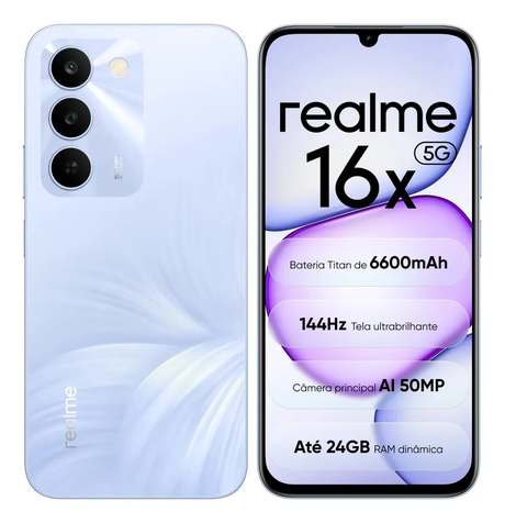 Smartphone Smartphone Realme 16x 5g 128gb 4gb Ram Dual Sim Nfc Mediatek Dimensity 6300,bateria Titan 6600mah,tela Ultrabrilhante 144hz, Ip64, Câmera 50mp, Android 16, Lilás