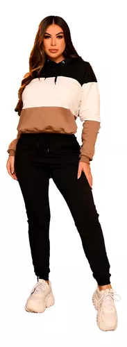 conjunto-moletom-feminino-flanelado-branco-cinza-preto - Imagem