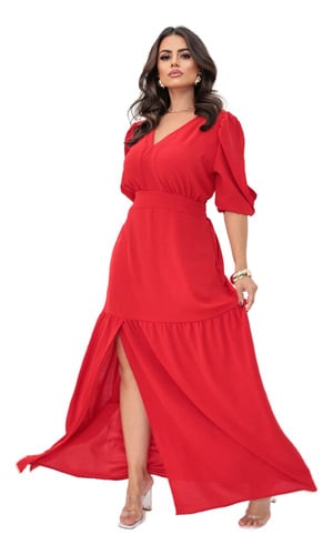 vestido-longo-princesa-com-fenda-manga-34-elegante-premium - Imagem