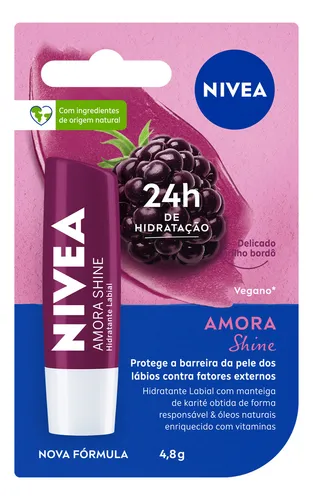NIVEA Hidratante Labial Amora Shine 4,8g, Hidratação Intensa 24h, Cor Suave, Brilho Delicado, Cuidado Diário, Manteiga de Karité