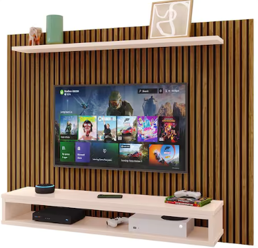 painel-suspenso-nairobi-prateleira-superior-nicho-tv-ate-48-polegadas-sala-estar-quarto-ripado-freijooff-white-lojas-rpm-marrom - Imagem
