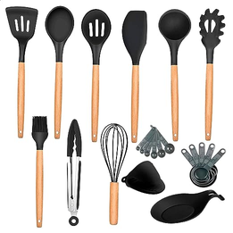 conjunto-de-utensilios-de-silicone-antiaderentes-com-cabos-de-madeira-conjunto-de-utensilios-de-cozinha-de-silicone-com-13-pecas-preto - Imagem