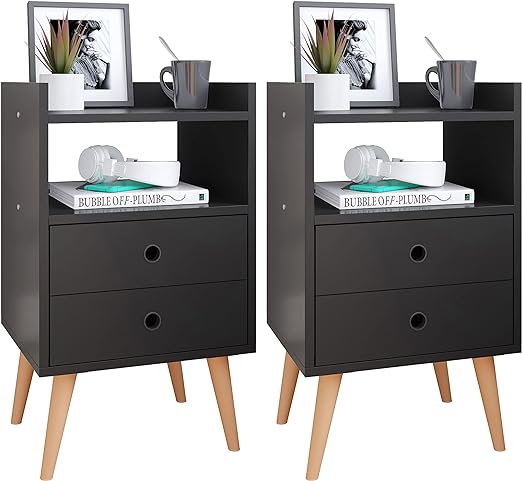 Conjunto Mesa De Cabeceira Kit Mesinha Canto Quarto Lateral Cama 2 Gavetas Organizadoras Retrô Quarto - Dream Rpm (preto)