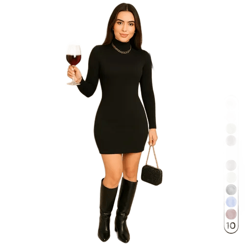 vestido-midi-feminino-canelado-elegante-colado-gola-alta-amy - Imagem