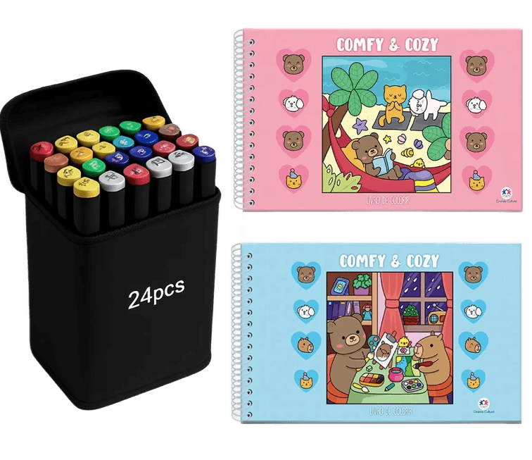 livro-comfy-e-cozy-capa-dura-espiral-explore-sua-criatividade-colorindo-com-marcadores-24-canetinhas-ponta-dupla-para-colorir-educativo-volta-as-aulas-ferias-passatempo - Imagem
