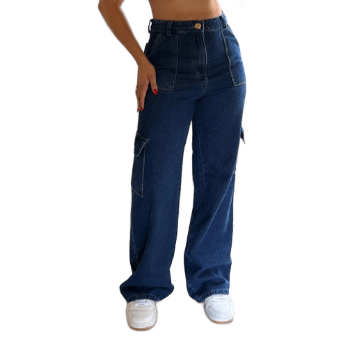 calca-jeans-100-cargo-tendencia-moderna-jovem-soltinha-luxo - Imagem