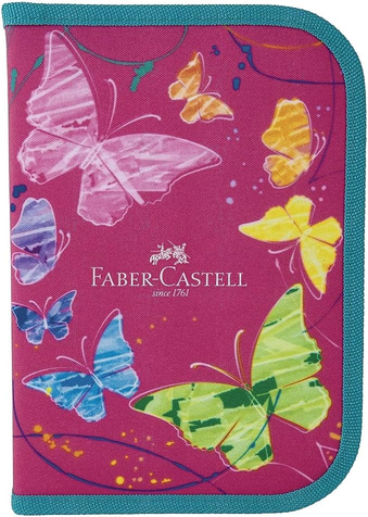 estojo-de-nylon-borboleta-com-lapis-de-cor-12-cores-2-canetas-esferograficas-lapis-regua-apontador-e-borracha-faber-castell-rosa - Imagem