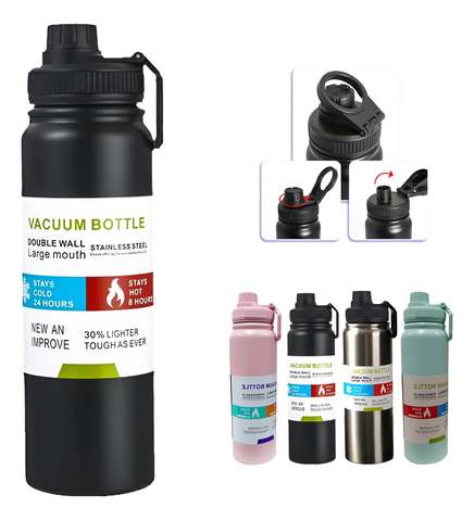 800mlgarrafa Térmica Água Squeeze Inox Academiaquente E Frio Preto