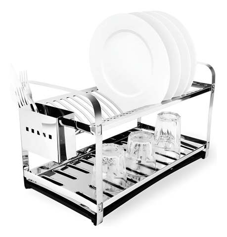 Escorredor De Louça Inox 20 Pratos 2 Andares Porta Talheres Prateado
