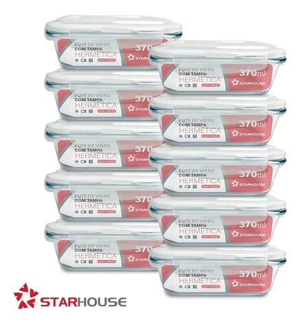 Kit 10 Pote De Vidro Marmita Hermético 370ml Freezer Fitness Rishon Transparente