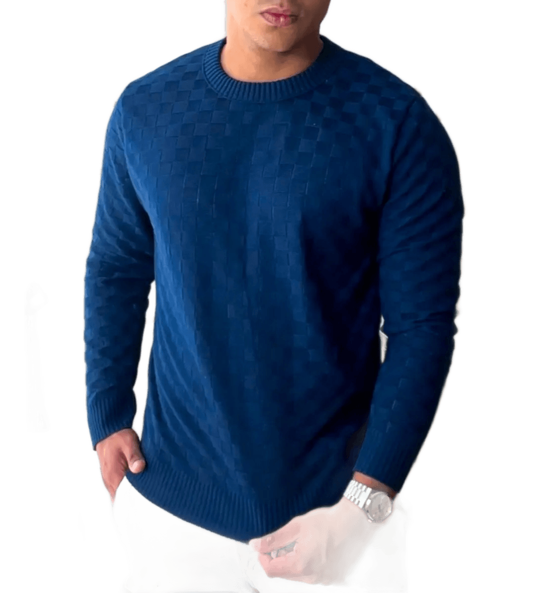 Blusa De Frio Masculina Trico Suéter Lã Gola Careca Xadrez
