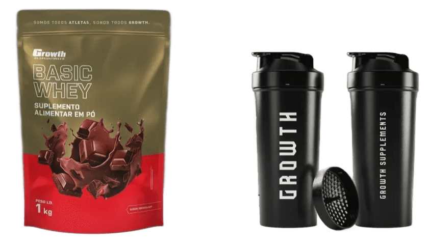 Kit Growth: Whey Protein Basic Chocolate 1kg + Coqueteleira Shaker Academia Preta 600ml