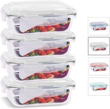 House Organizer Conjunto 4 Potes De Vidro Retangular Com Tampa Hermética 640ml