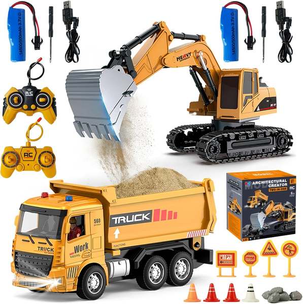 Escavadeira Carros De Controle Remoto, Caminhão De Construção De Rc, Escavadeira, Brinquedo 2 Em 1 Com Luzes, Escala 1:20, 2.4ghz Com 2 Baterias Recarregáveis