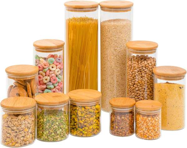 Kit 11 potes de vidro com tampa de bambu herméticos redondos - Tüd