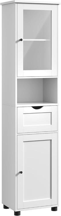 Vasagle Armário Alto Para Banheiro, Armário Estreito, Com Prateleira Aberta, Porta De Vidro, Pés Resistentes À Água, Prateleiras Com Altura Ajustável, Que Economiza Espaço, Branco Brbbk163w01