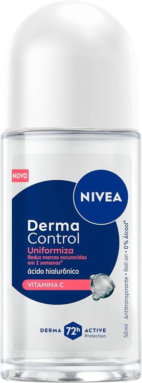 NIVEA Desodorante Antitranspirante Roll-on Derma Control Uniformiza 50ml, Proteção 72h, Reduz Marcas Escurecidas, Ácido Hialurônico, Pele Uniforme