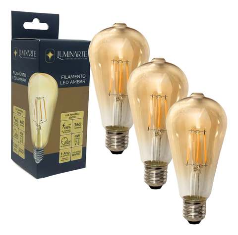 Kit 3 Lâmpadas Filamento Led St64 4w Âmbar 2200k Bivolt