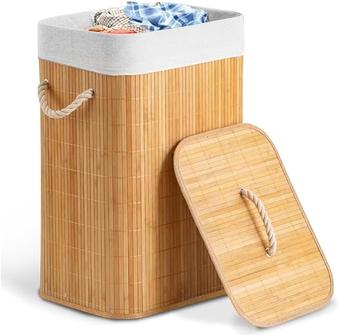 Cesto de Roupas Sujas Dobrável 70L em Bambu com Tampa e Forro Removível | Ideal para Banheiro, Lavanderia e Brinquedos