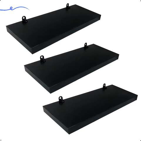 Kit 3 Prateleiras Flutuantes MDF Preto 25cmx10cm Com Suportes Invisíveis