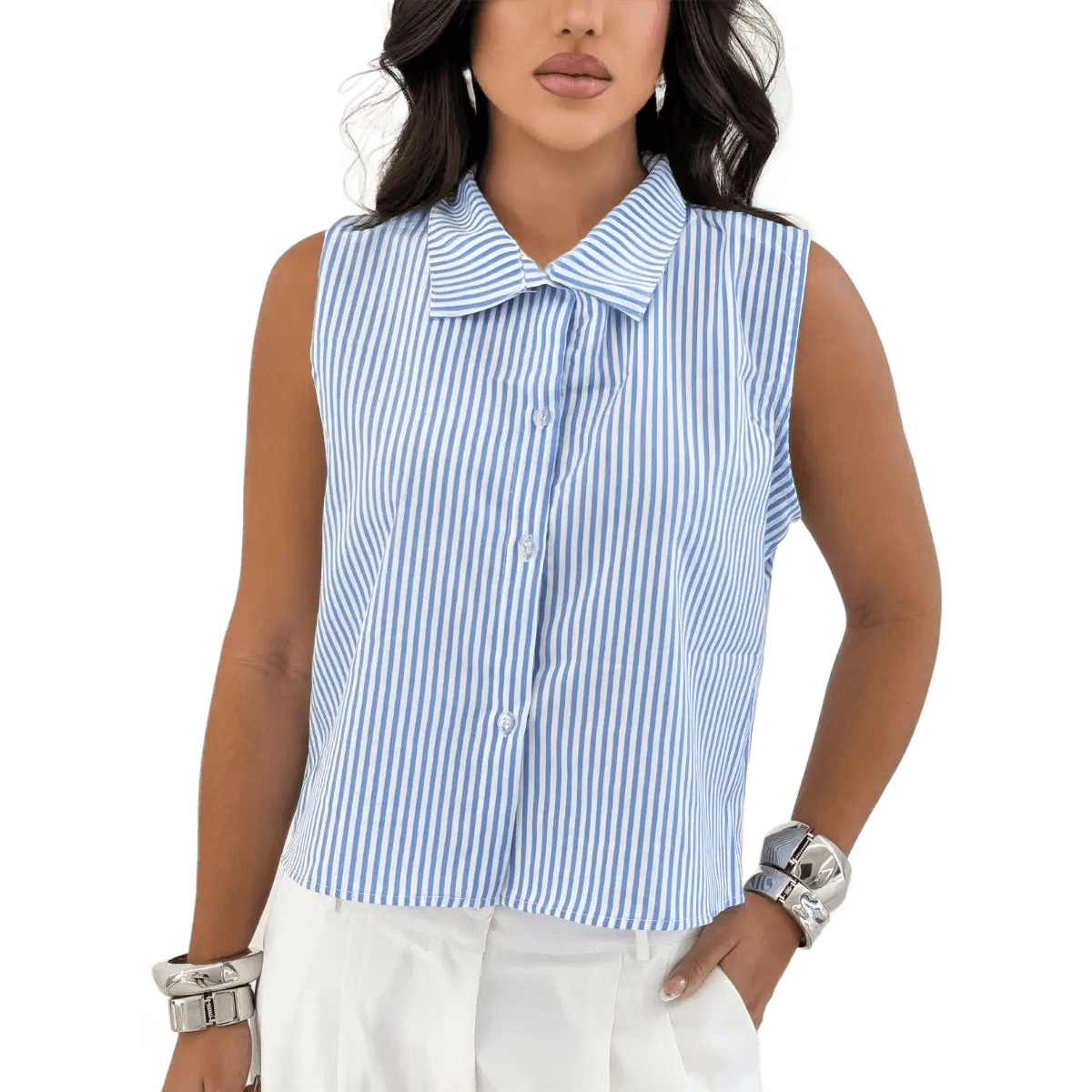 Blusa Feminina Camisa Regata Listrada E Lisa Elegante