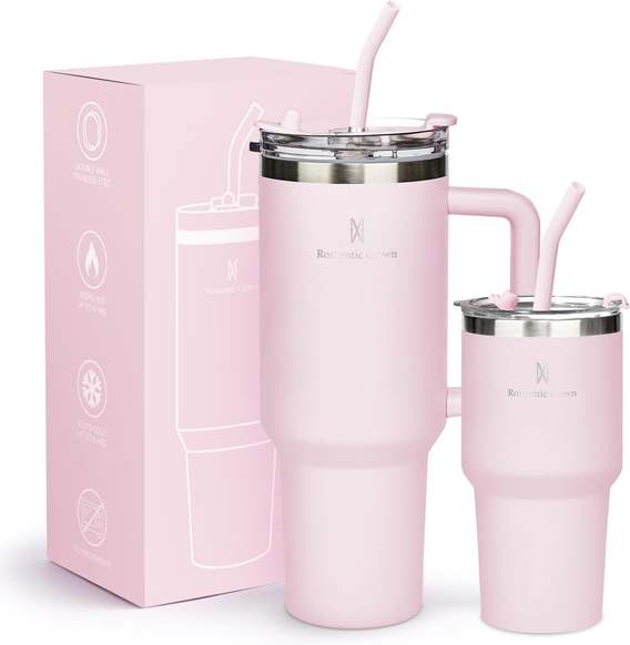 Kit Copos Térmicos 1,18L + 591ml com Canudo, Tampa e Alça, Rosa Claro