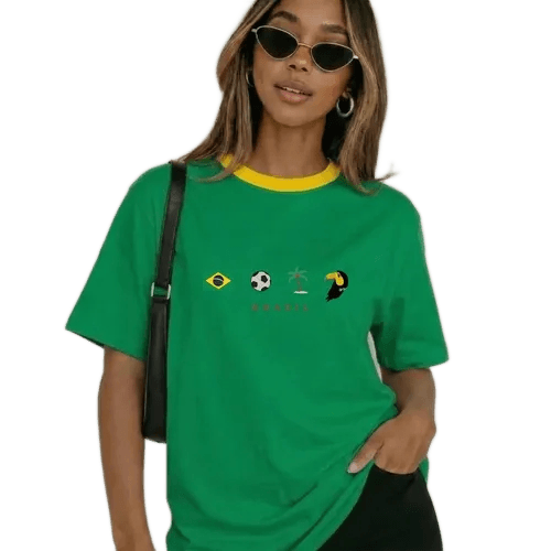 Camiseta T Shirt Estampa Ícones Brasil Tropical Algodão