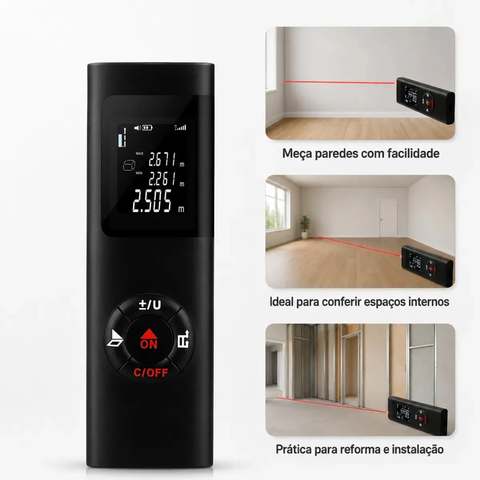 Trena Laser 40m Recarregável Com Cabo Usb Medidor Digital De Distância Área Volume Precisão ±2mm Fácil De Usar Para Obra Reforma Parede Cômodo Altura Mede Sozinho Sem Fita Eletric Teck