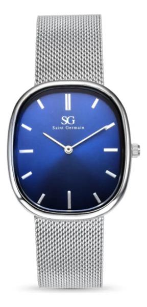 Relógio Masculino Saint Germain Moncler Oval Prateado Com Fundo Azul