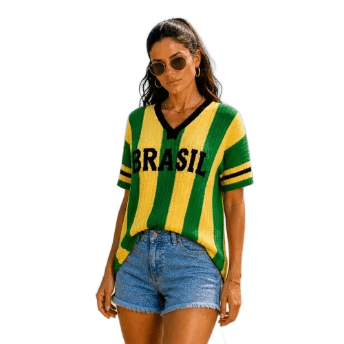 Blusa Tricô Brasil Copa Do Mundo Listrada Casual Estilosa