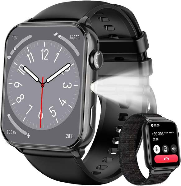 IOWODO Relógio Smartwatch Unissex 1.91" com Chamadas Bluetooth - Lanterna LED, 2 Pulseiras, 100+ Modos Esportivos, IP68 - iPhone/Android (Preto)