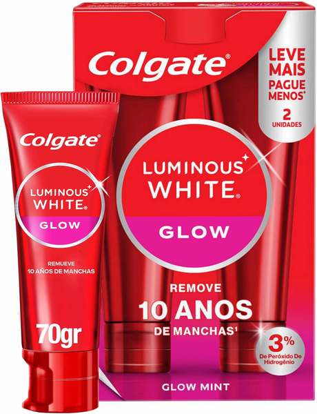 Colgate Creme Dental Clareador Luminous White Glow 2x70g | Kit 2 Unidades, 3% de Peróxido de Hidrogênio, Remove Mais de 10 Anos de Manchas