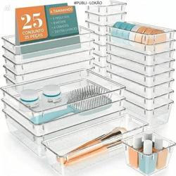 Kit Conjunto 25 Caixas Acrilico Organizador Gaveta Geladeira Transparente