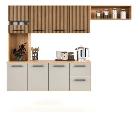 Armário de Cozinha Completa Aéreo 7 Portas e 2 Gavetas Planejada Suspenso Branco Off White Ripado Carvalho Nature Amadeirado Juliana