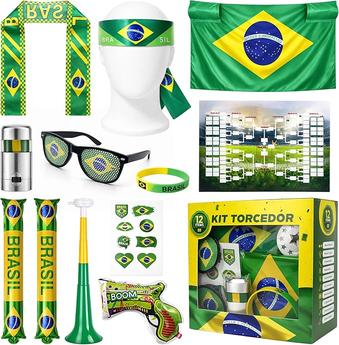Mbox Kit Torcedor Brasil Copa 2026 12 Peças – Fantasia Completa Com Faixa Cabeça, Óculos, Bandeira 150x90cm, Bastões Infláveis, Corneta, Tinta Facial E Lança Confete – Festa Churrasco